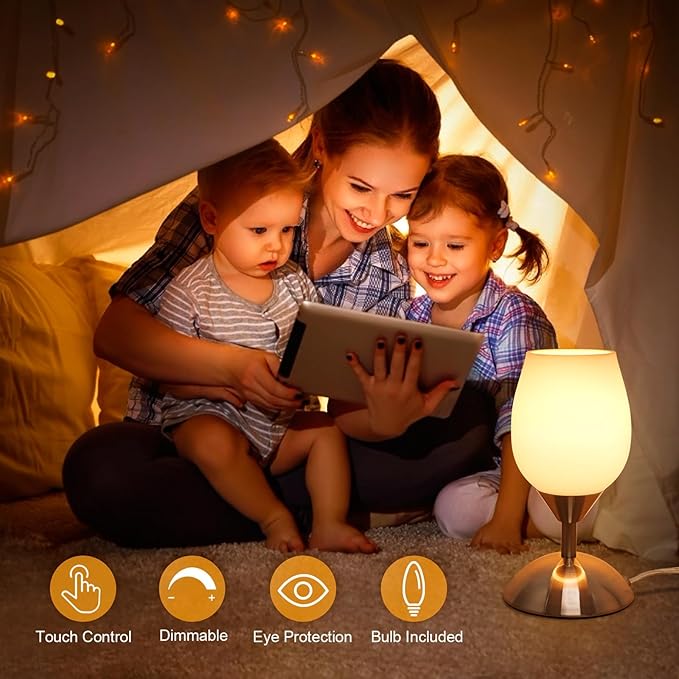 Boncoo Small Touch Lamp for Bedroom Nightstand, 3-Way Dimmable Bedside Lamps Opal Glass Desk Lamp Silver Base, Tiny Table Lamp for Small Spaces Ambient Lighting for Living Room, E12 Bulb Included