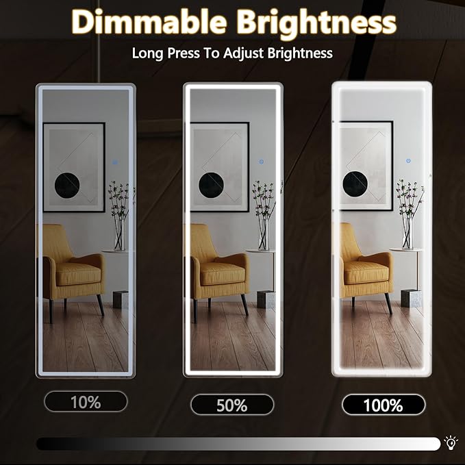 Sweetcrispy Full Length Mirror with LED Lights, 61"x17" Lighted Floor Mirror with Dimming & 3 Color Lighting, Stand for Bedroom, Dressing Room