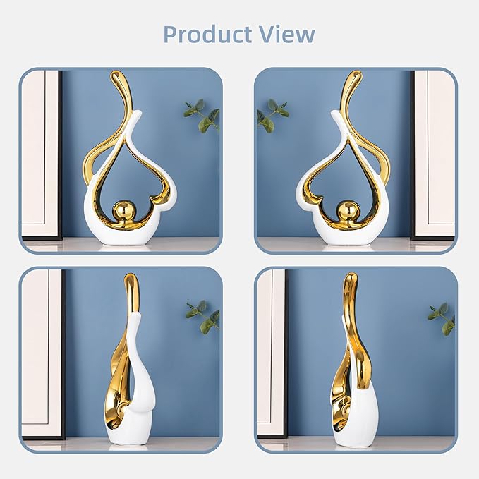 Gold Statue Decor for Living Room, Abstract Sculptures Home Decor, Modern Table Ceramic Decor, Heart Shape Table Centerpieces for Dining Room, White and Gold Decoration for Shelves