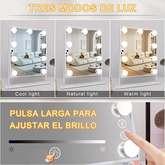 FENCHILIN White Hollywood Vanity Mirror with Lights 9 Dimmable Bulbs Makeup Mirror with Smart Touch Control for Glam Room Bedroom Detachable 10X Magnification Rotation White