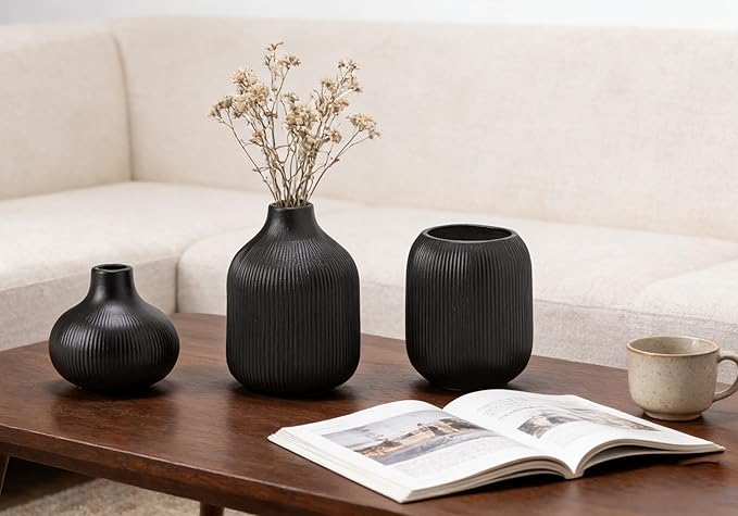 Black Ceramic Vase Set 3 Modern Style Decor Farmhouse Home Living Room Dining Table Room Desk Pottery Small Vases