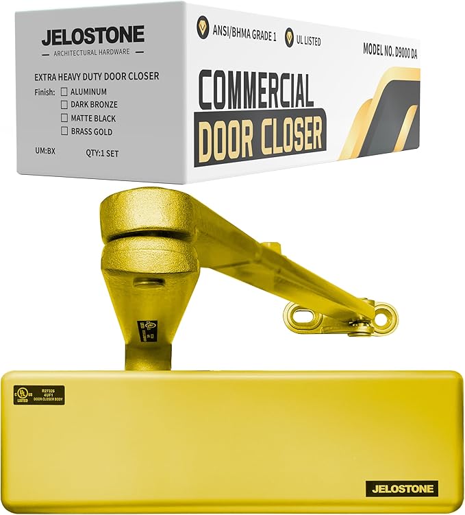 Extra Heavy Duty, Commercial Door Closer D9000DA, ANSI Grade 1, UL 3 Hour Fire Rated, ADA Compliant, Delayed Action, Adjustable Spring Size 1-6 for Doors (44-330LB/30-60 in), Indoor/Outdoor (Gold)