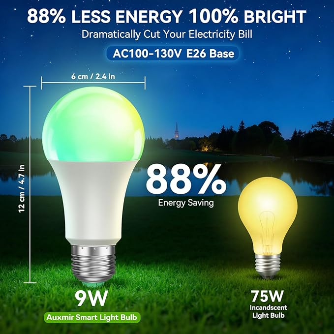 Auxmir Smart Light Bulbs, RGB+CCT Color Changing LED Light Bulbs Work with Alexa & Google Home, Multiple Scene and Music Sync Light Bulb, A19 9W 800LM, WiFi Bluetooth 2.4GHz No Hub Required, 2-Pack