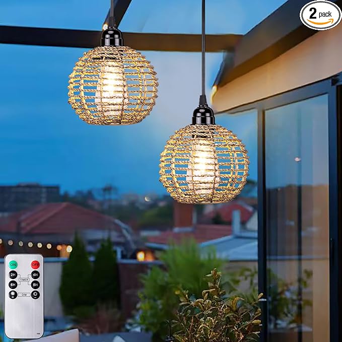 Battery Operated Hanging Pendant Lantern Lights, Outdoor Chandelier Light with Warm White LED Bulb, Handwoven Seagrass Ball Shade, Brightness Timer Adjustable for Patio Tree Pergola Gazebo Porch-2Pack