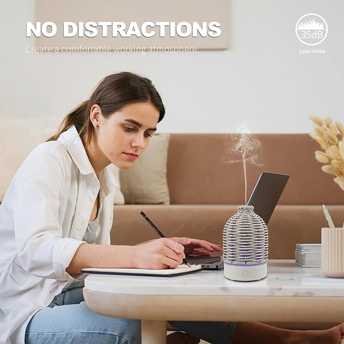 Essential Oil Diffuser - Multifunction Aromatherapy Diffuser 7 LED Color Changing Light 100ML Rattan Diffuser Easy to Clean Suitable for Home,Office (Grey)