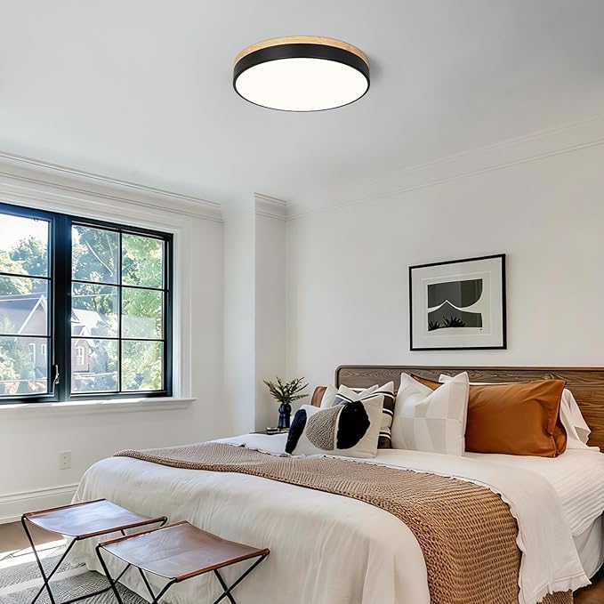 Modern Dimmable Wood Ceiling Light, Black Round LED Flush Mount Ceiling Lighting Fixtures, Minimalist Ceiling Lamp for Kitchen Bedroom Laundry Room Living Room Entryway Hallway&15.74 in
