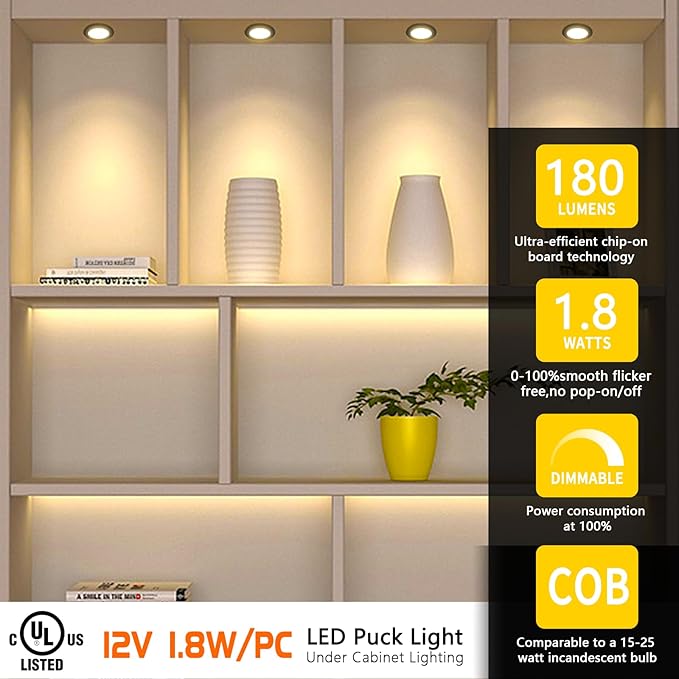 VST Smart Under Cabinet Lighting with Handwave and Alexa Google Assistant App Remote Control, Recessed or Surface Mount 12V 2W/pc Puck Light for Kitchen Display, 6 Pcs 3000K~6500K Black