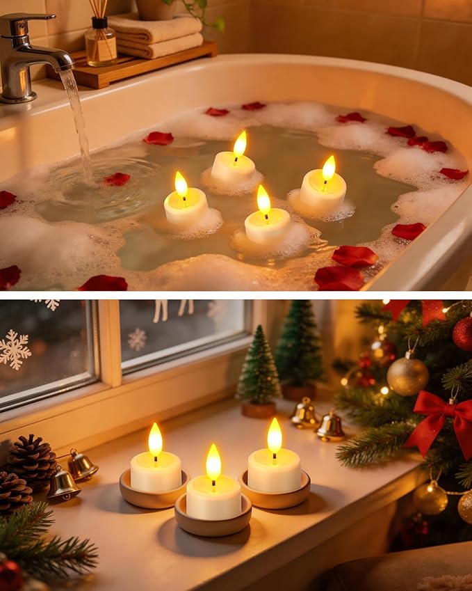 SoulBay Rechargeable Flameless Candles, Magnetic Waterproof LED Tea Lights with Charging Tray, Remote & Timer, 100H Flickering Votive Fake Candles for Bathroom, Holiday & Xmas Decor