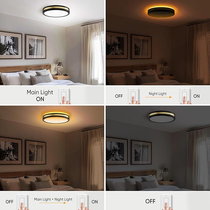 18 Inch Flush Mount Light With Night Light, 5CCT Modern Black Gold LED Ceiling Fixture, 45W 4500LM 2700K-6500K Adjustable, Dimmable for Bedroom Hallway, ETL
