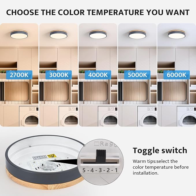 Dimmable Wood Oak Ceiling Light Fixture Modern Gray LED Flush Mount Ceiling Light 5CCT Minimalist Circle Close to Lighting Fixture for Bedroom Kitchen Bathroom Laundry Room 11.81 Inch