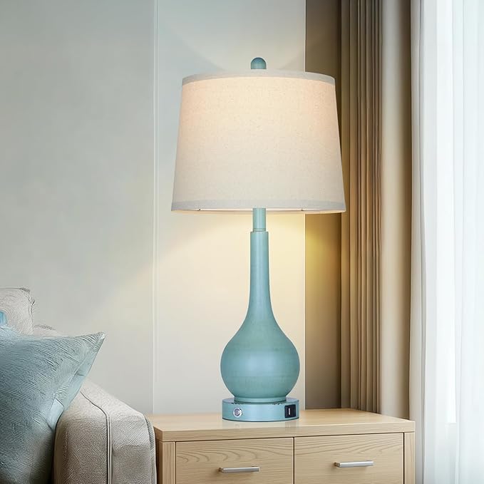 26" Farmhouse Table Lamps for Living Room Set of 2, 3-Way Dimmable Touch Control Bedside Lamp with USB A+C Ports, Retro Blue Nightstand Lamps for Bedroom (2 LED Bulbs Included)