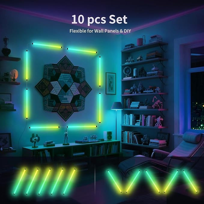 Music Sync LED Wall Lights, 10 Pack RGB Light Bars with App Control, USB Powered Beat Activated Lights for Gaming Room, Party, Home Decor