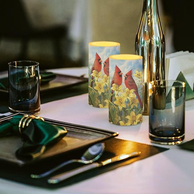 Cardinal Bird Flameless Candles 2 Pack 6 x 3 inch Battery Operated Candles with Multicolor Timer Remote Control LED Fake Candles for Warm Light Dinner Table Home Decor