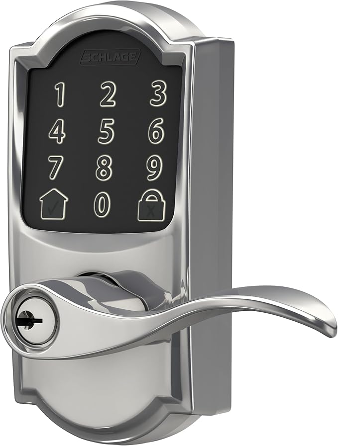 Schlage FE789WB CAM 625 Acc Encode WiFi Accent Lever Smart Lock, Keyless Entry Touchscreen Door Lock with Camelot Trim, Bright Chrome (Pack of 4)
