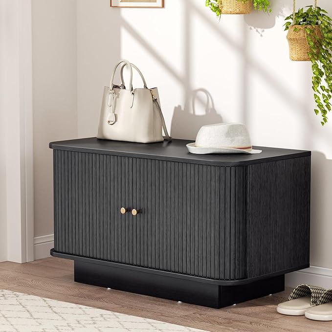Fluted Shoe Storage Bench, 31" W Small Entryway Bench with Sliding Door, Mud Room Benches with Seat, Upholstered Wooden Rack Organization for Living Room, Apartment, Dorm, Black
