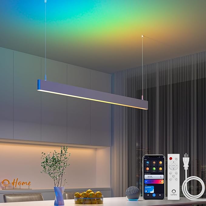Lumary Smart LED Linear Pendant Light, 48 Inch Wi-Fi Island Lights Hanging Fixtures, RGBAI 12W/CCT 28W Dimmable Chandelier for Kitchen Dining Work with Alexa & Google Assistant, Adjustable Height