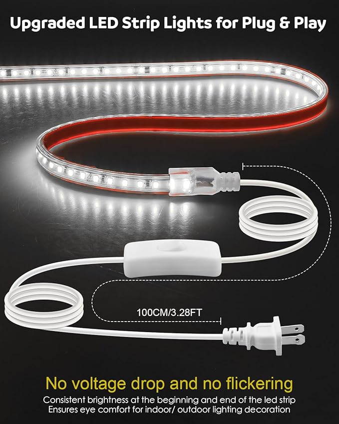 Aclorol 5M Outdoor Led Strip Lights Waterproof AC 110V-130V Flexible LED Rope Lights Outdoor Cool White 6000K Cuttable LED Lights String for Garden Patio Indoor Decorative Lighting 120LEDs/M 16.4FT