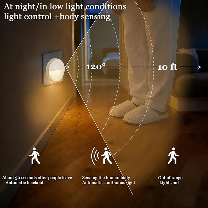 Plug-in Motion Sensor Night Light, Dusk to Dawn Light Sensor, Soft Warm White LED Backlit Glow, Auto On/Off for Bathroom Bedroom Hallway Stairs Nursery, 4 Pack