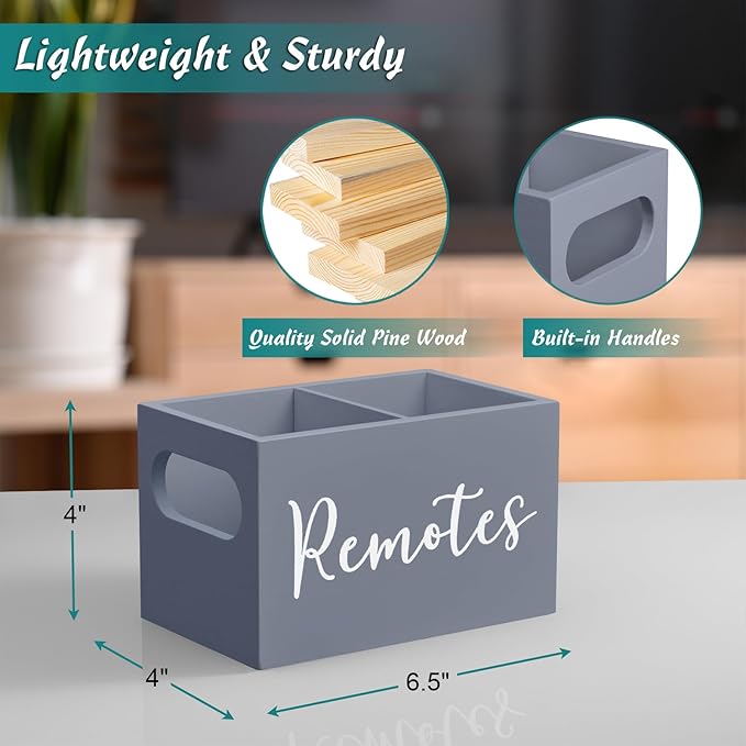 DRASTAR Remote Control Holder, Wood TV Remote Holder, Remote Storage Caddy, Remote Control Organizer (Gray, 2 Slots)