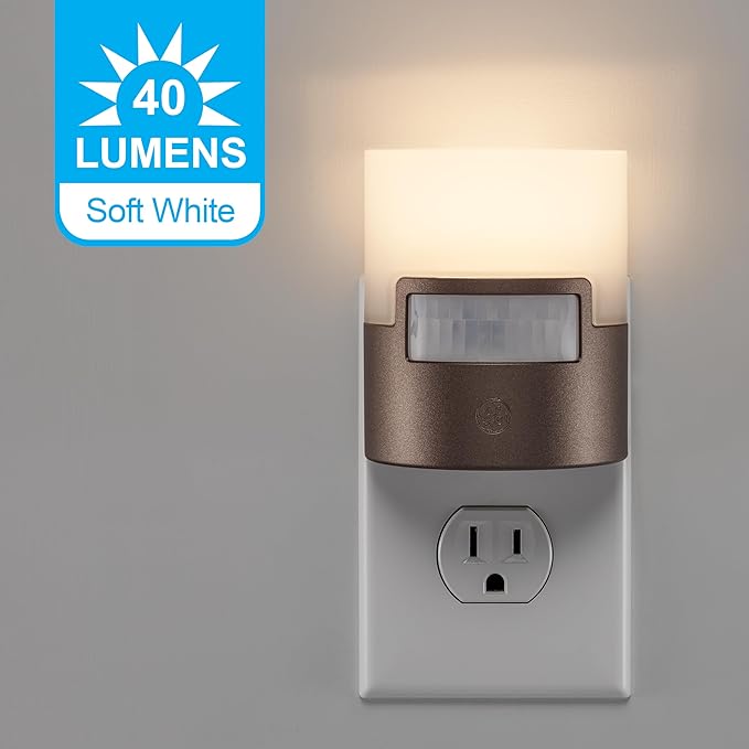 GE LED Motion Sensor Night Light, Plug into wall, 40 Lumens, Soft White, UL-Certified, Energy Efficient, Ideal Nightlight for Bedroom, Bathroom, Kitchen, Hallway, 26140, Bronze, 1 Pack
