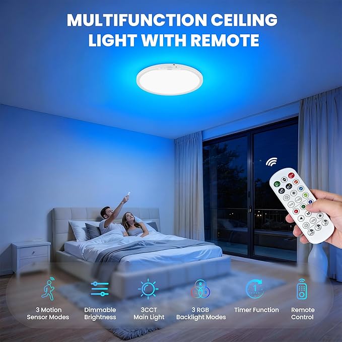 KINDEEP Bedroom Ceiling Light with Night Light: 12 Inch 10000mAh Rechargeable Ceiling Light with Remote, Dimmable 3 Colors & RGB, Wireless Motion Sensor Ceiling Lamp for Bedroom, Hallway, 1 Pack