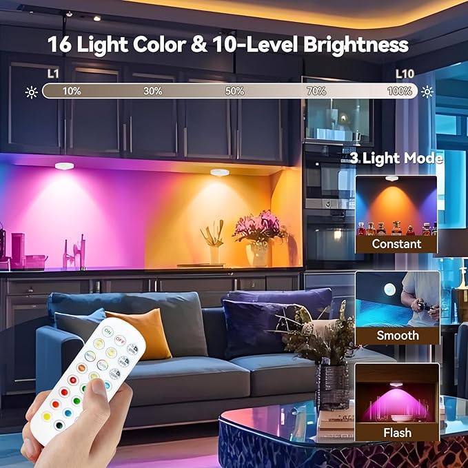 Rechargeable Puck Lights with Remote, 3 Pack Magnetic Under Cabinet Lighting, 1500mAh Battery Operated LED Tap Lights with Dimmer & Timmer for Kitchen, Closet, Shelf - 3 Color Temps & 12 RGB, White