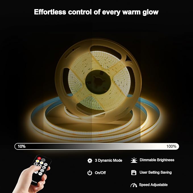 24V Dimmable COB LED Light Strip, 16.4FT Warm White 3000K, High Brightness led Strip Lights, with RF Remote Control and UL Power Supply, Suitable for Bedroom, Kitchen, and DIY Home Decoration