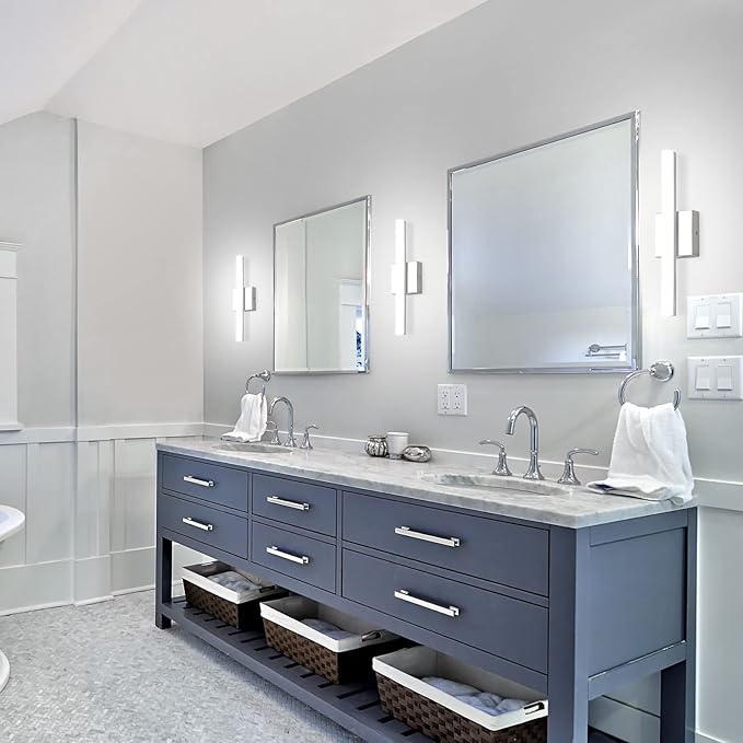 Combuh LED Bathroom Vanity Light Bar 16 Inch 9W IP44 Over Mirror Lighting Fixture Wall Sconces Indoor Modern Cool White 6000K Chrome Set of 2