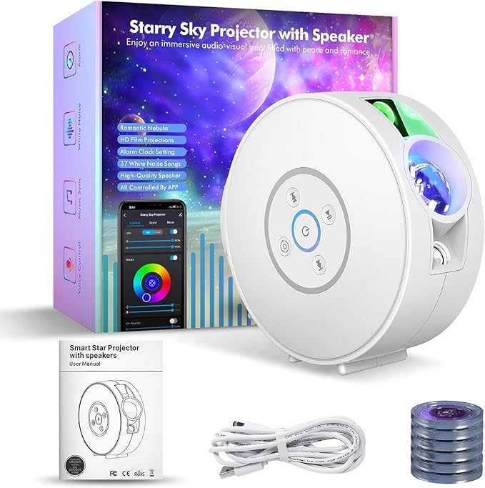 Smart Galaxy Star Projector Night Light - APP Voice Control, Bluetooth Speaker, Rotatable Nebula Lamp with 6 HD Slides, 37 White Noises & Timer, Star Sky Ceiling Light for Bedroom Kids Room Decor