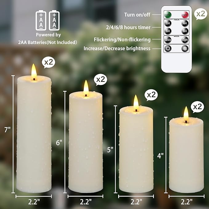 8pcs Waterproof Plastic Flameless 2.2" x4" 4" 5" 5" 6" 6" 7" 7" Flickering Ivory Candles with Remote and Timer, Outdoor LED Battery Operated Warm Light Long Lasting 600 Hrs