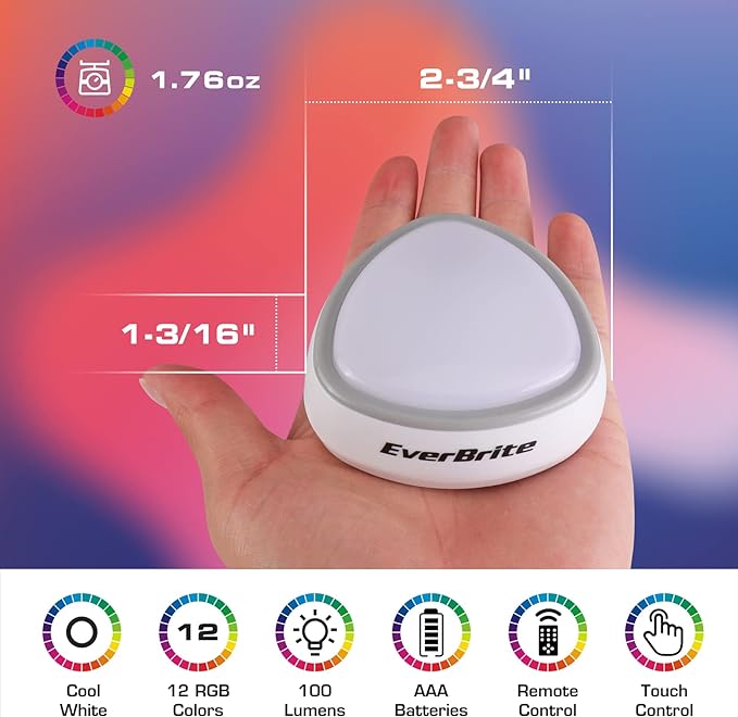 EverBrite Tap Light, LED Puck Lights, Wireless Push Lights, Remote Controlled Closet Lights with 12 RGB Colors, Perfect for Under Cabinet, Closets, Pantry, with 18 AAA Batteries, 6-Pack