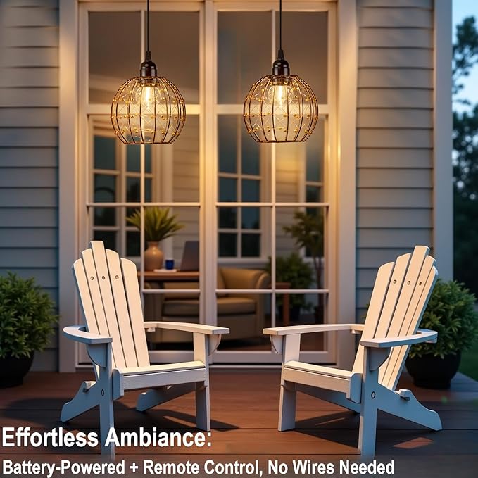 Hanging Pendant Lights, Battery Operated Outdoor Chandelier with Warm White LED Bulb for Patio Tree Pergola Gazebo Porch (Beaded Ball-G50-2PK)