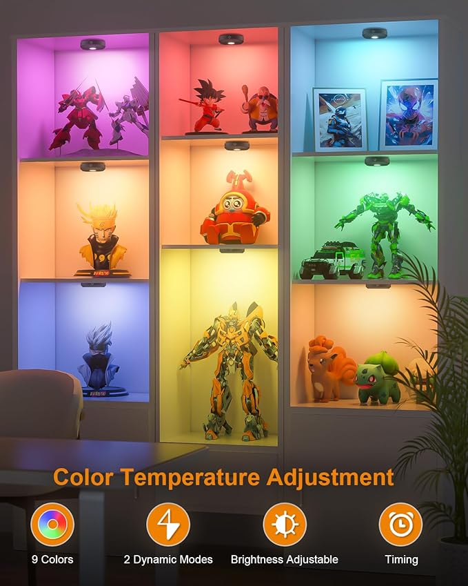 WILLED Under Cabinet Lighting Wireless,RGB Rechargeable Puck Lights with Remote Control,Battery Touch Tap Light with Timer Function,Stick On LED Lights for Kitchen,Cabinet,Counter,Closet,Shelf,6 Pack