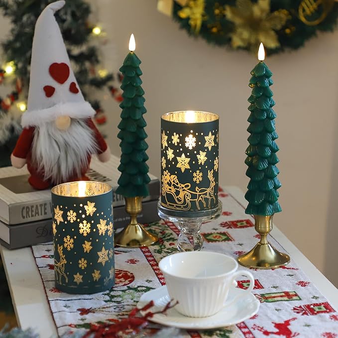 Lezonic Christmas Flameless Candles with Remote, Green Christmas Tree Flickering Battery Operated Window Candlesticks, Glass Flameless Xmas New Year Decorations Gifts, Set of 4 Real Wax LED Candles