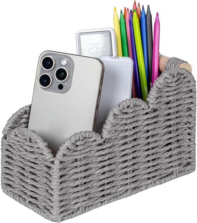 CubesLand Bedside Table Desk Organizer Caddy, Remote Pen&Pencil Holder Cup, Makeup Brush Holder w/Scalloped Perfect for Home, Office Desk, Living Room Table Decor, 3 Slots Grey