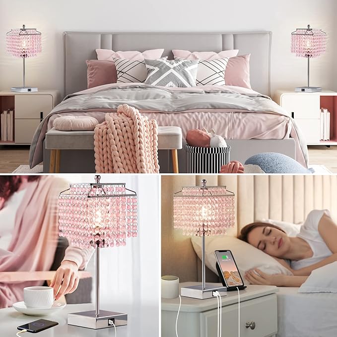 Luvkczc Set of 2 Bedside Pink Crystal Table Lamp, Touch Control Crystal Lamp, Dimmable Lamp for Bedroom, Girl Living Room, 6W B11 Bulb Included