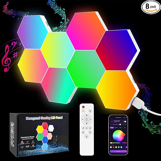 8 Pack DIY Hexagon LED Lights, Music Sync RGB Gaming Lights with APP Smart Wall Lights for Bedroom Living Room Decor