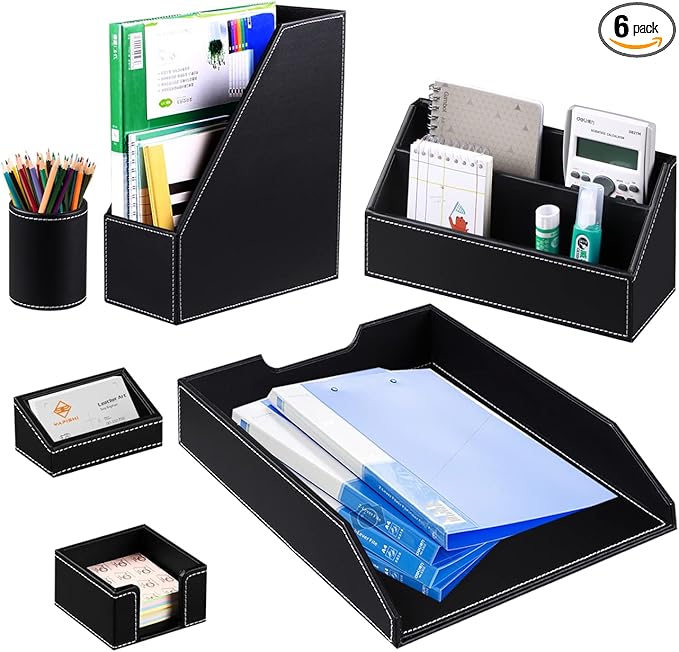 Office Desk Organizer and Workspace Accessories Storage Caddy for Men, Black Leather 6 PCS Set- Pencil Cup, Business Card Holder, Sticky Note Dispenser, Mail Sorter, Letter Tray, Magazine Holder