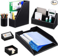 Office Desk Organizer and Workspace Accessories Storage Caddy for Men, Black Leather 6 PCS Set- Pencil Cup, Business Card Holder, Sticky Note Dispenser, Mail Sorter, Letter Tray, Magazine Holder