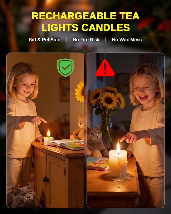 SoulBay Rechargeable Flameless Candles, Magnetic Waterproof LED Tea Lights with Charging Tray, Remote & Timer, 100H Flickering Votive Fake Candles for Bathroom, Holiday & Xmas Decor