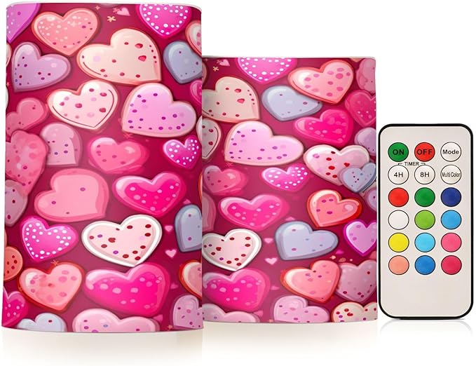 Doodle Pink and Purple Heart Flameless Candles Color Changing LED Candles with Remote Control Battery Candles for Outdoor and Indoor Home and Room Decoration, 3'' x 4''/5'' Set of 2 Pieces