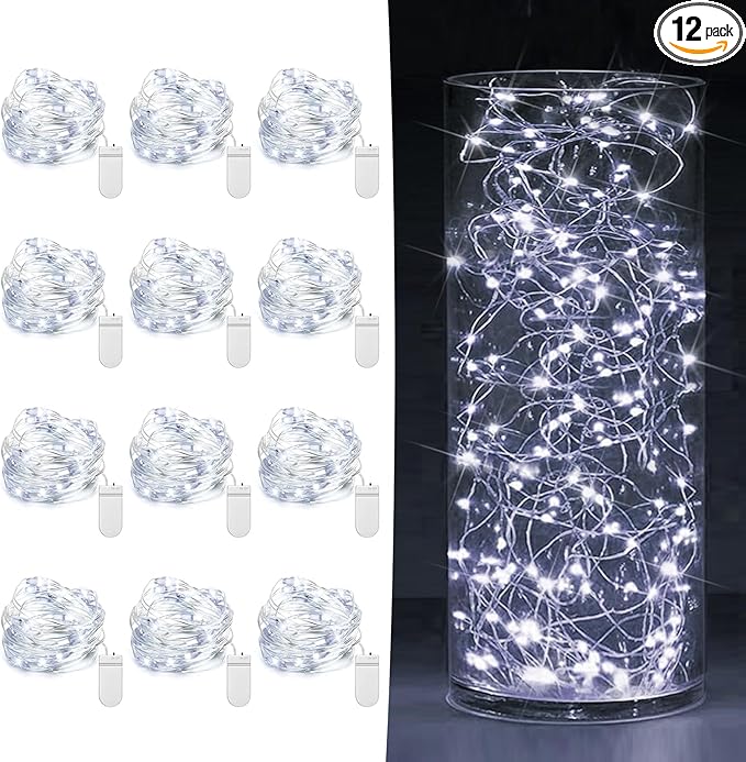 12 Pack Fairy Lights Battery Operated 7ft 20 LED Mini String Twinkle Silver Wire Firefly Starry for Mason Jars Wedding Party Christmas Centerpiece Table Decorations, Cool White