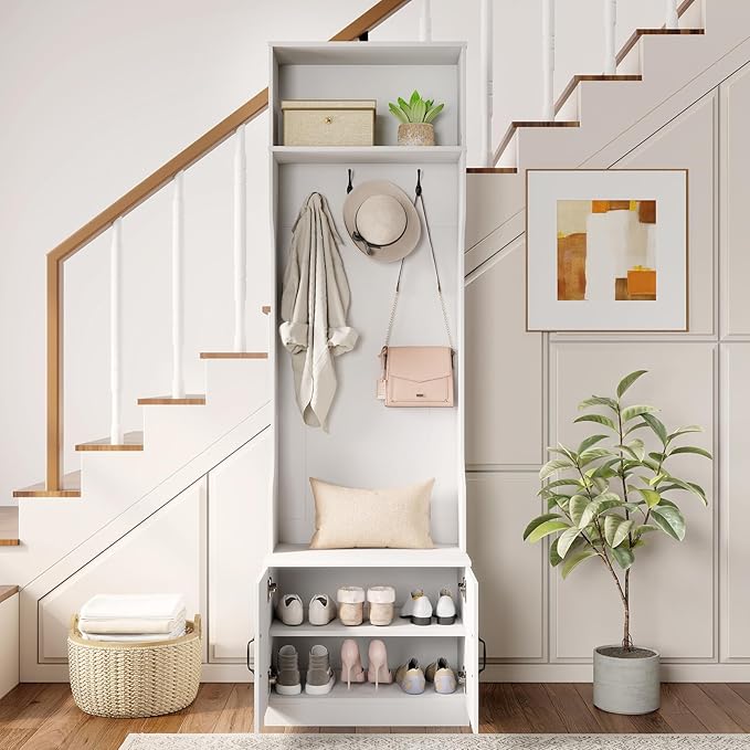 Giantex 3-in-1 Hall Tree with Bench and Shoe Storage, 23.5" Tall Coat Rack with Adjustable Shelves, 4 Hanging Hooks, 2-Door Cabinets, Modern Mudroom Storage Organizer for Living Room, Hallway