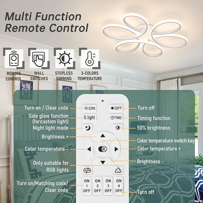 26inch Modern LED Ceiling Light, 6 Rings Flower Flush Mount Light Fixture with Remote Control White Dimmable Ceiling Lamp for Living Room, Bedroom, Dining Room, Hallway, Kitchen