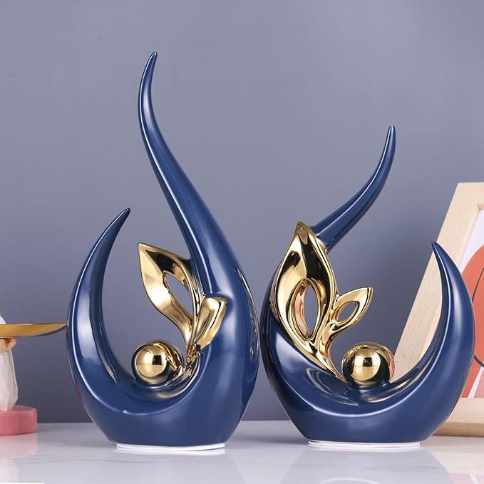 XMGZQ Blue Gold Ceramic Statues for Home Décor Accents,Abstract Art Mid Century Modern Decor,Elegantes Centerpiece Table Decorations,Navy Sculpture for Entryway,Bookshelf,Tv Stand,Mantel,Coffee Table