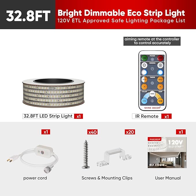 Shine Decor LED Strip Light Connectable, CCT 2800-6000K Warm-Cool Changing Tone for Room, 32FT 120V Plug-in Outdoor Rope Lighting Cold Resistant Waterproof ETL Listed, Remote Timer Available