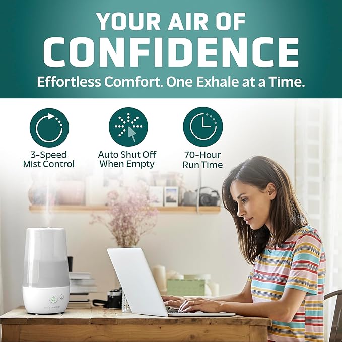 PureGuardian 1-Gallon Ultrasonic Cool Mist Humidifier with Aroma Tray, 70-Hour Run Time, 320 Sq. Ft. Coverage, Filter Free, Silver Clean Treated Tank, for Home, Bedroom, Office, H965WC