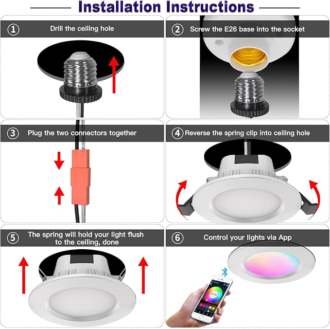 Smart Recessed Lighting 3 Inch, RGBCW, 2700K-6500K CCT Selectable, Dimmeble, Color Changing LED Downlight 6 Pack, App Control, CRI80+ RGB Can-Killer LED Downlight Light Fixtures