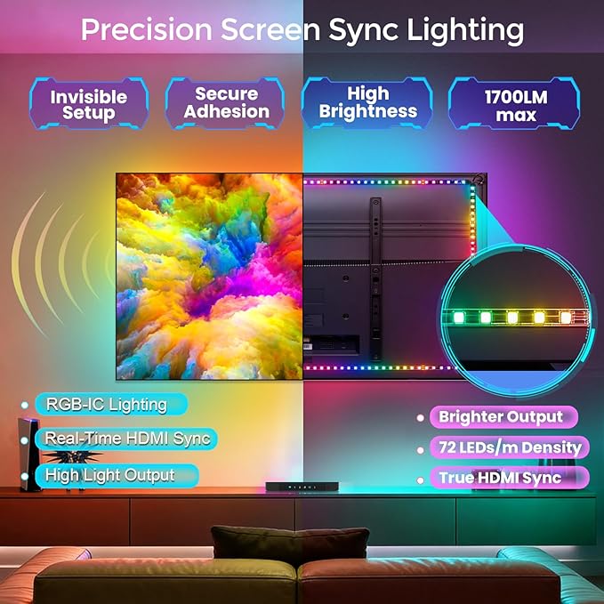 LightingWill 16.4Ft LED TV Backlight Sync to Screen with HDMI Sync Box Kit, 72 LEDs/m TV Lights that Sync with TV, 4K@60Hz RGB-IC Strip for 75-85 Inch TVs, Works with Alexa Google Home PS5 Xbox