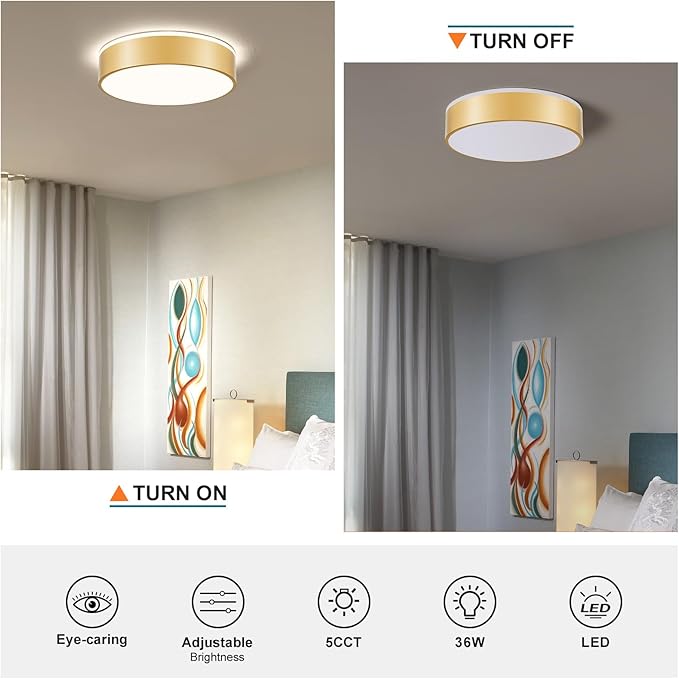 Dimmable Gold LED Ceiling Light Fixture, 5CCT 2700 K-6000 K Modern Flush Mount Ceiling Light, Round Minimalist Lighting Fixture for Bedroom, Kitchen, Laundry Room, Living Room, 15.74 Inch
